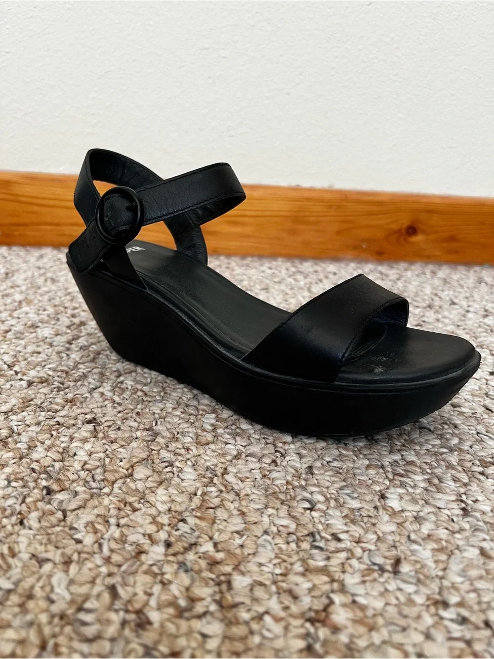 Camper Black Leather Wedge Sandals with Buckle Strap